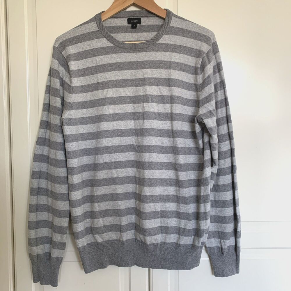 J. Crew Knit Crew Neck Pullover Sweater Striped Gray Cotton Cashmere Mens Size M